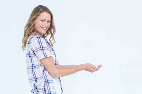 Pretty hipster presenting her hands — Stock Photo, Image