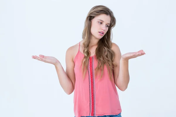 Unsure woman gesturing do not know sign — Stock Photo, Image