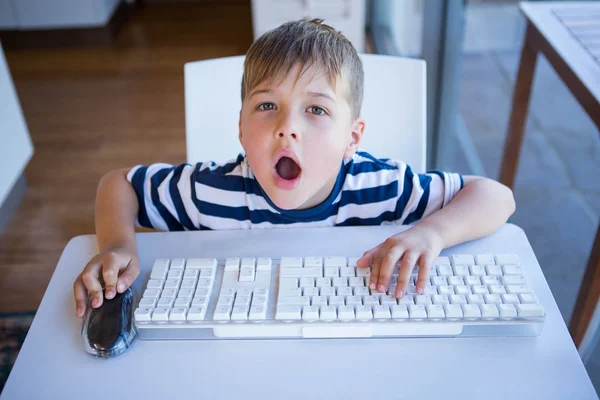 Menino usando o computador na sala de estar — Fotografia de Stock