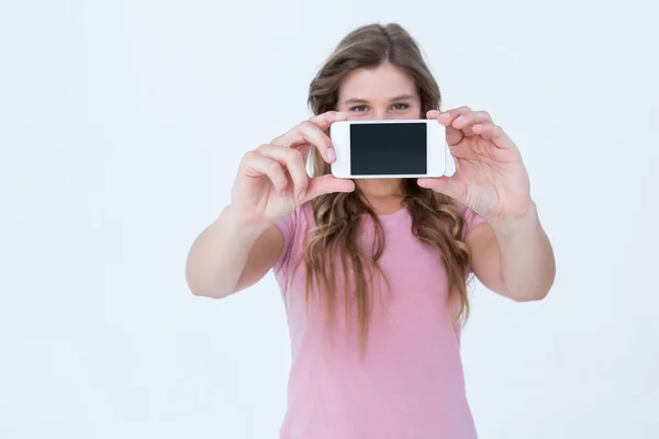 Mooie blonde met een selfie van zichzelf — Stockfoto