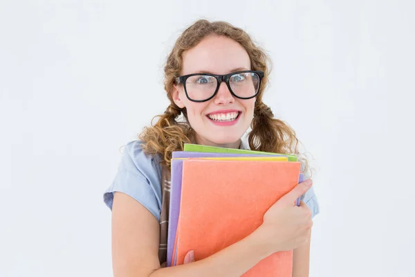 Geeky hipster woman holding files — Stock Photo, Image