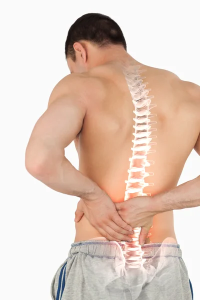 허리 통증을 가진 남자의 강조 표시 된 척추 — 스톡 사진