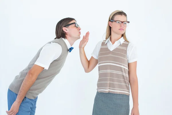 Hipster making stop sign to boyfriend — Stock Photo, Image