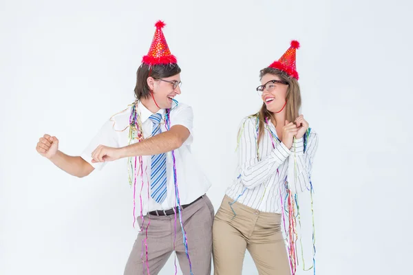 Happy geeky couple dancing — Stock Photo, Image