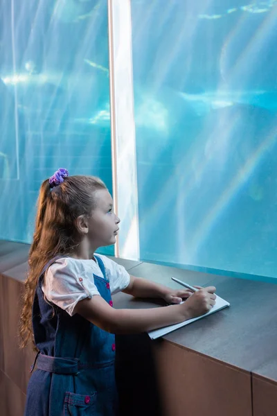 Kislány nézi az akváriumban — Stock Fotó