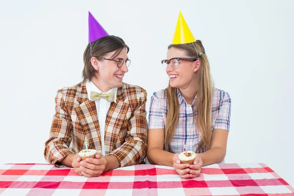 Geeky hipsters celebrating birthday — Stock Photo, Image