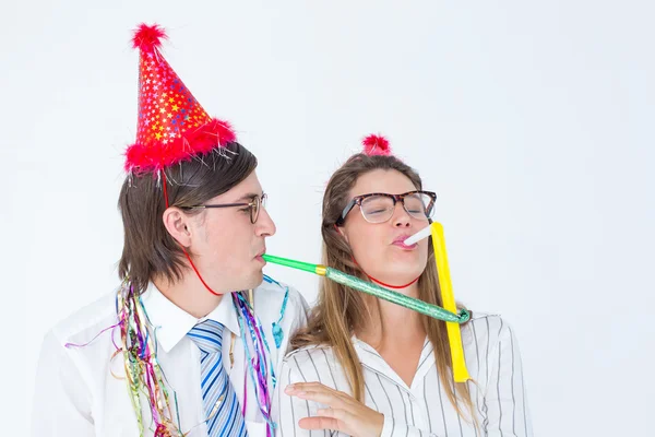 Geeky hipster wearing party hat — Stock Photo, Image