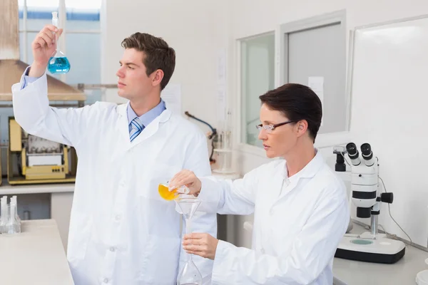 Scientists working attentively together with beakers — Stock Photo, Image