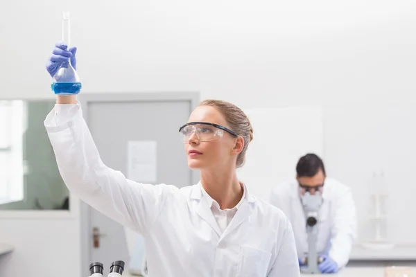 Scientist examining blue precipitate in baker — Stock Photo, Image