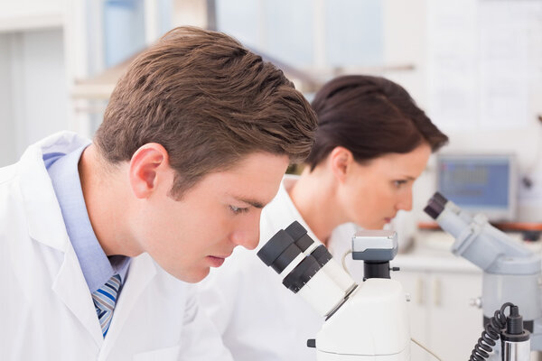 Científicos mirando atentamente en microscopios — Foto de Stock