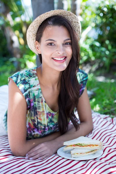 Sonriente hermosa morena teniendo un picnic —  Fotos de Stock