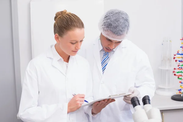 Equipe de cientista foco olhando para a área de transferência — Fotografia de Stock