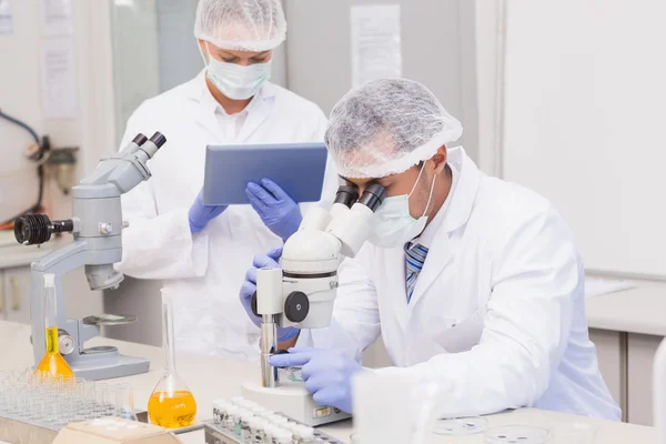 Scientists using tablet pc and microscope — Stock Photo, Image