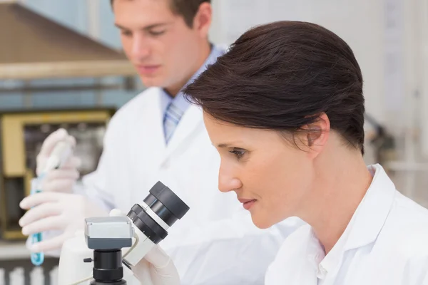 Scientists working with microscope and test tube — Stock Photo, Image