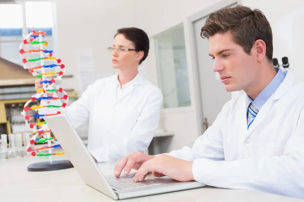 Cientista trabalhando atentamente com laptop — Fotografia de Stock