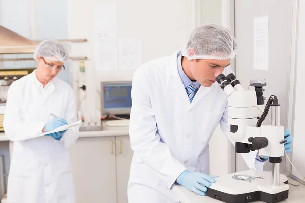 Scientist working attentively with microscope — Stock Photo, Image