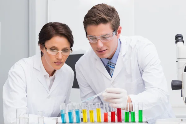 Scientists looking attentively at test tube — Stock Photo, Image