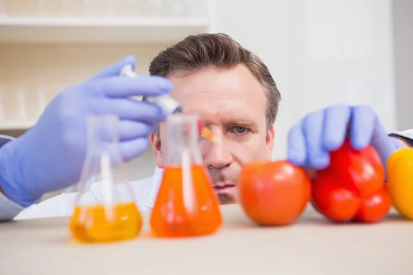 Científico inyectando verduras — Foto de Stock