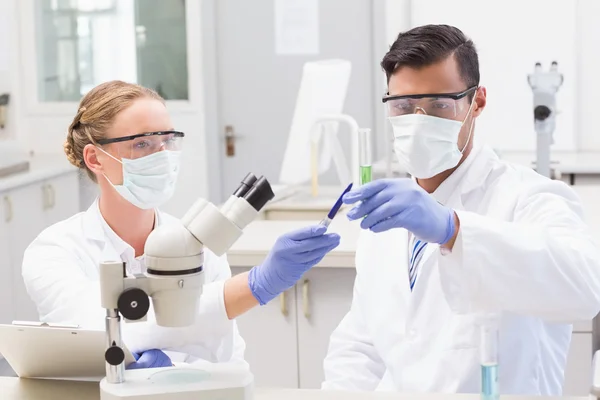 Geconcentreerde wetenschappers kijken naar bekerglas — Stockfoto