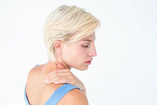 Casual woman with neck pain — Stock Photo, Image