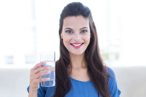 Smiling beautiful brunette sitting on the couch and holding glas — Stock Photo, Image