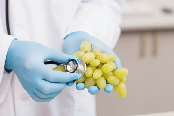 Вчений слухає виноград зі стетоскопом — стокове фото