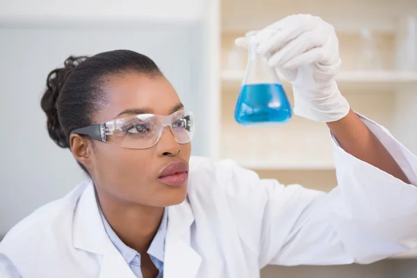 Scientist examining petri dish with blue fluid inside — Stock Photo, Image