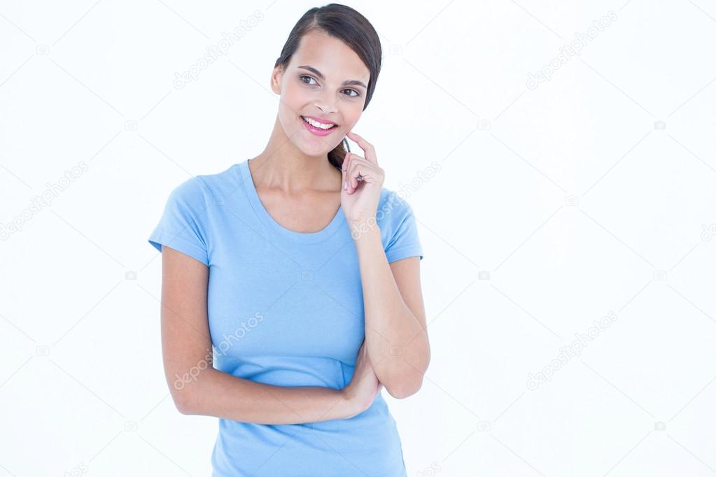 思いやりのある女性の頬に指で笑顔 ストック写真 C Wavebreakmedia