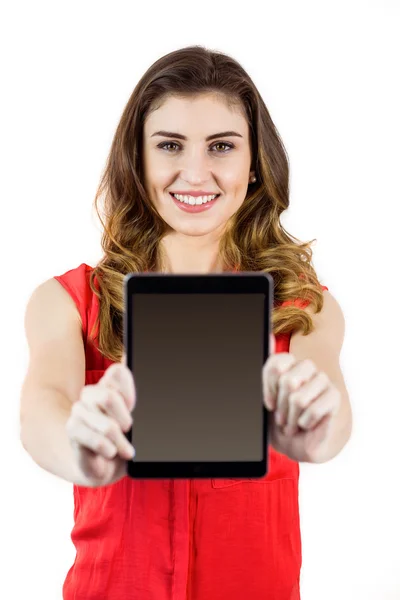 Pretty woman showing tablet pc — Stock Photo, Image