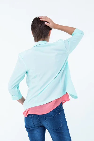 Brunette woman touching her hair — Stock Photo, Image