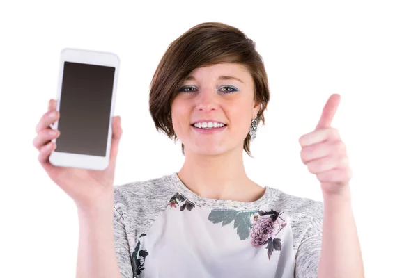 Pretty brunette holding her smartphone — Stock Photo, Image