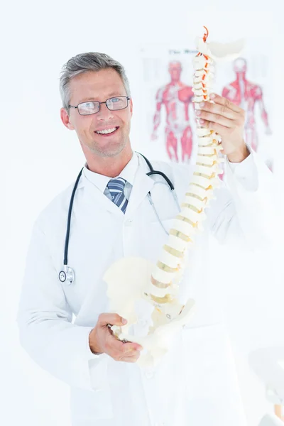 Läkaren håller anatomiska ryggraden och ler mot kameran — Stockfoto