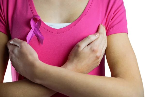 Woman with breast cancer ribbon — Stock Photo, Image