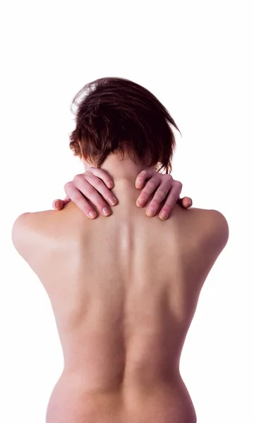 Mulher nua com uma lesão no pescoço — Fotografia de Stock