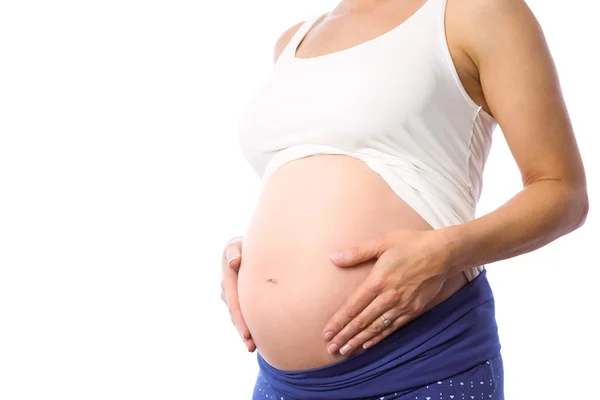 Mulher grávida segurando seu galo — Fotografia de Stock