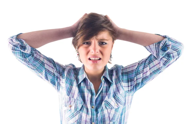 Hübsche Brünette bekommt Kopfschmerzen — Stockfoto