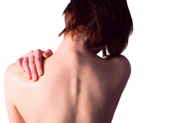 Nude woman with a neck injury — Stock Photo, Image