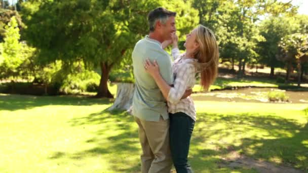 Pareja feliz bailando en el parque — Vídeos de Stock