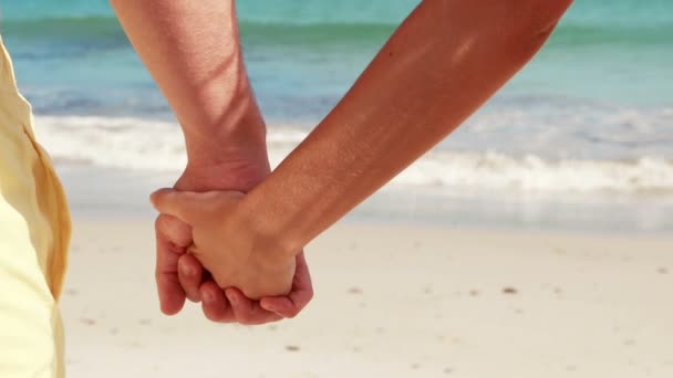 Couple on the beach looking out to sea holding hands — Stock Video