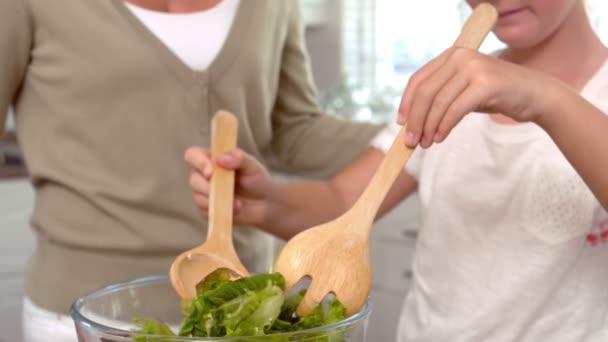 Mother and daughter preparing salad together — Stock Video