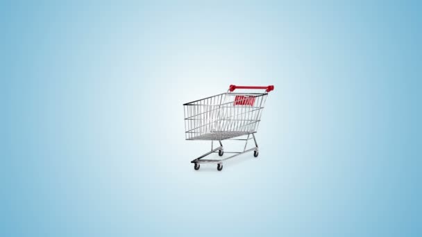 Geschenke fallen im Einkaufswagen auf blauem Hintergrund — Stockvideo