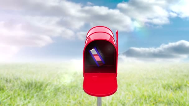 Na ikonu v poštovní schránce na pozadí modré oblohy — Stock video