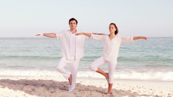 Casal tranquilo meditando na praia — Vídeo de Stock