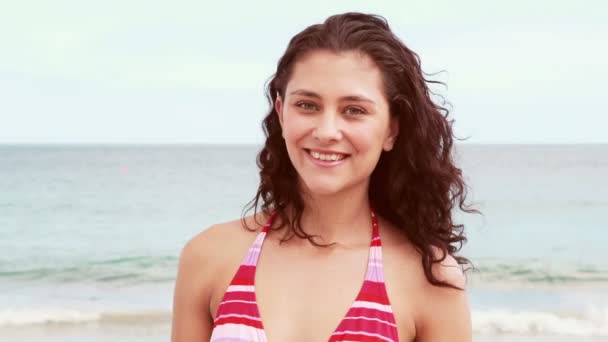 Красива усміхнена брюнетка в бікіні на пляжі — стокове відео