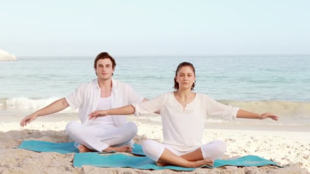 Casal tranquilo meditando na praia — Vídeo de Stock