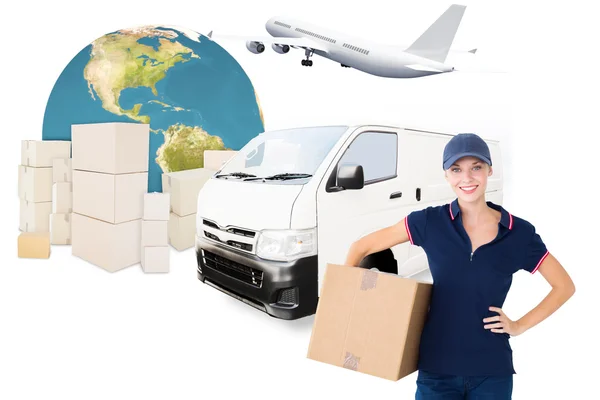 Delivery woman holding cardboard box — Stock Photo, Image