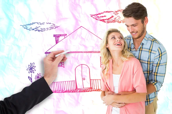 Imagem composta de casal jovem atraente abraçando e sorrindo — Fotografia de Stock