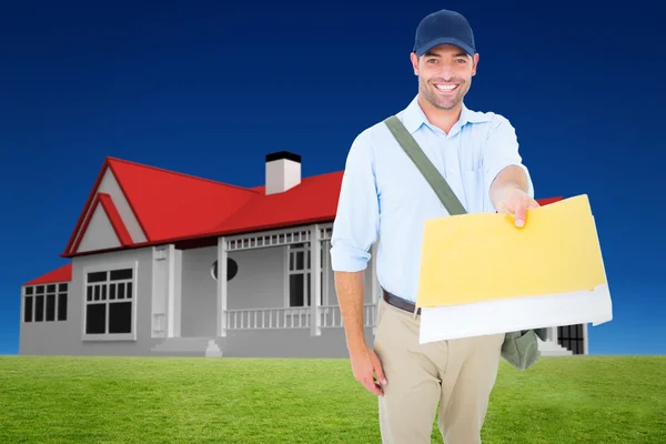 Composite image of happy postman delivering letter on white back — Stock Photo, Image