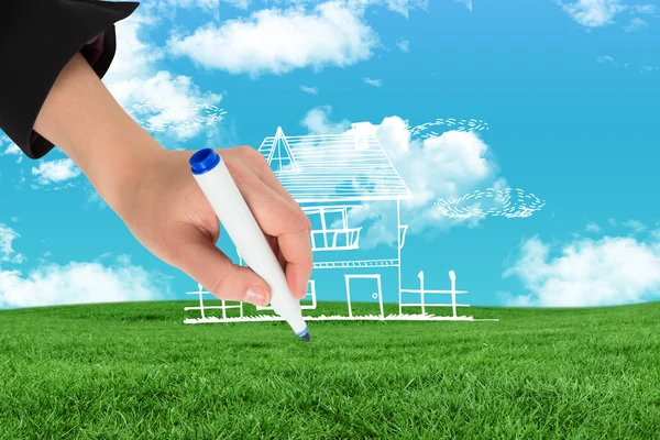 Composite image of businesswomans hand writing with marker — Stock Photo, Image