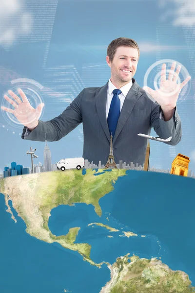 Smiling businessman with hands up — Stock Photo, Image